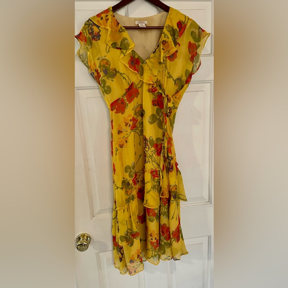 Romantic Flowy Silk SUNDANCE Dress Golden Floral Ruffle Mock-Wrap Petite 6 Boho‎